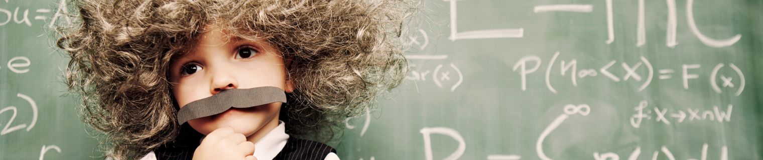 Zelle Image Z-Einstein.  Boy dressed as Einstein at blackboard with equations.